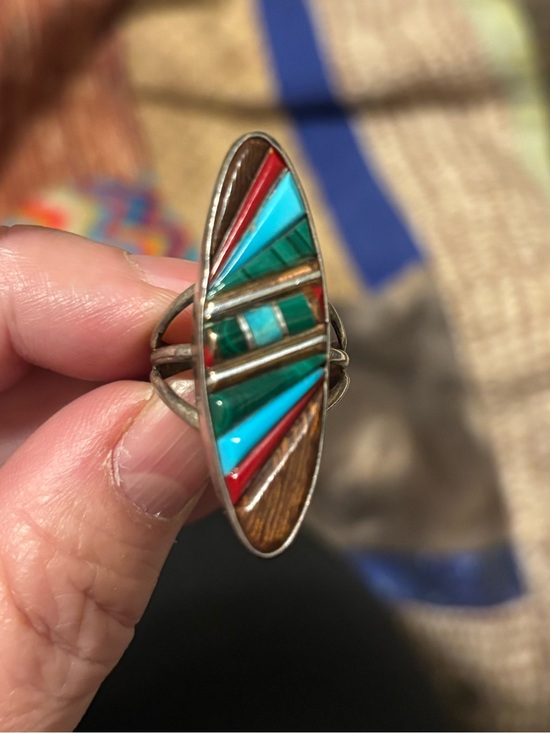 Navajo Jewelry - Multicolor Inlay Oval Statement Ring - Turquoise, Red & Brown Accents